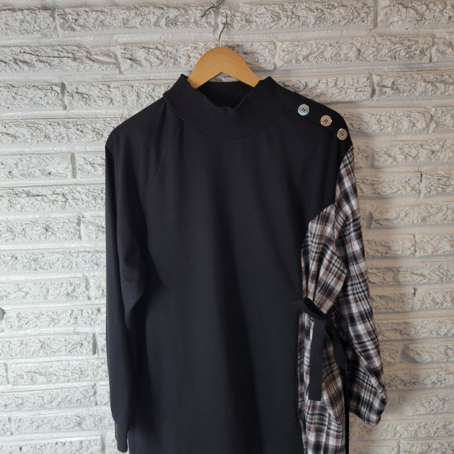 Shein Curve Womens Top 2XL Plus Tunic 3/4 Sleeve Black Plaid Sash Mock Turtle