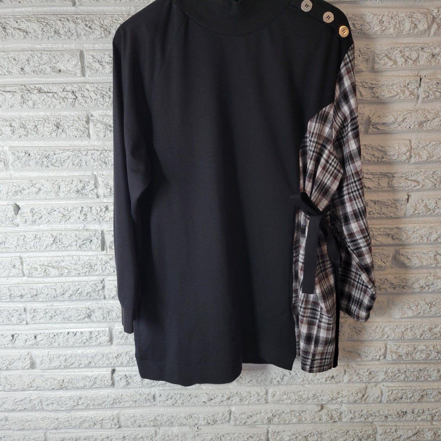 Shein Curve Womens Top 2XL Plus Tunic 3/4 Sleeve Black Plaid Sash Mock Turtle