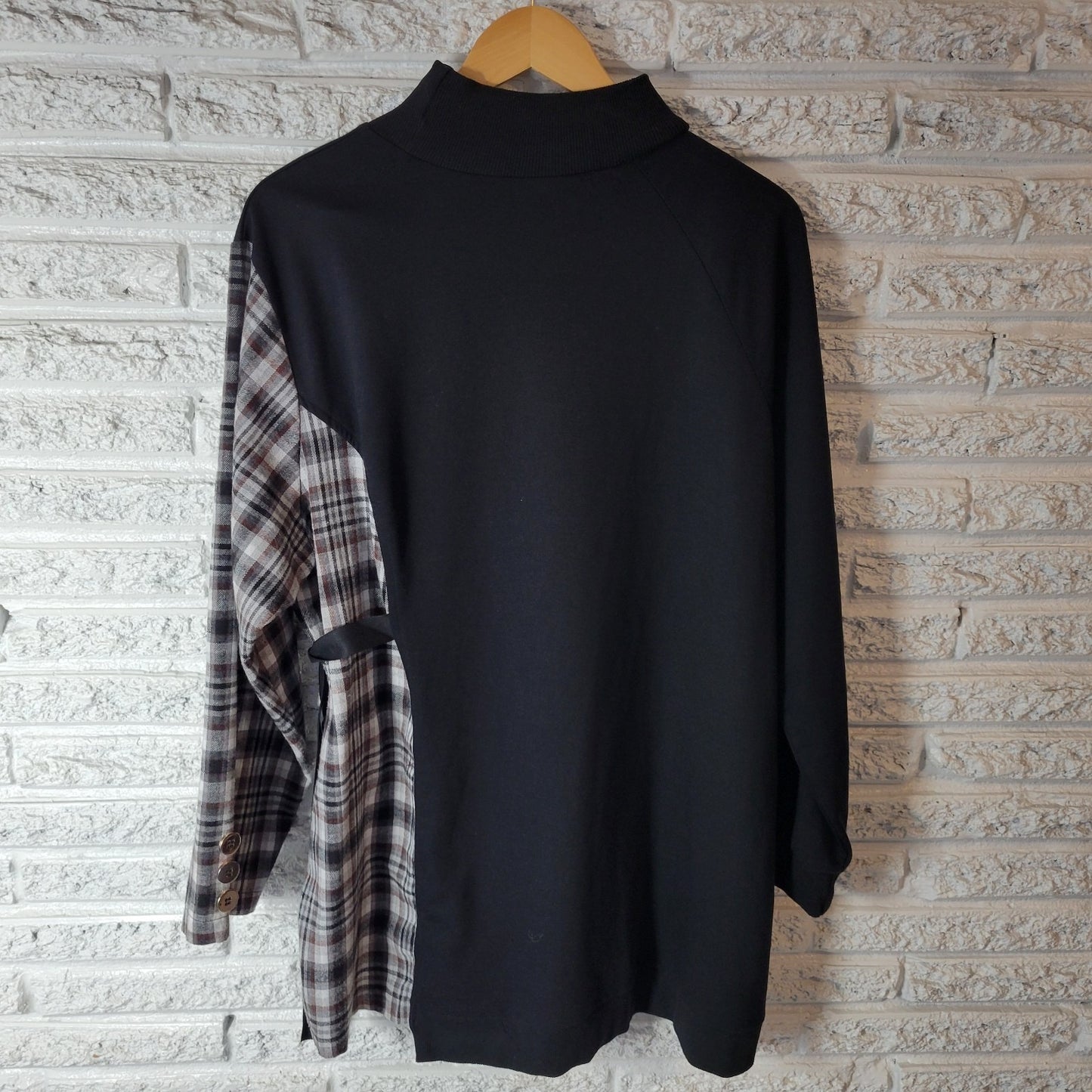 Shein Curve Womens Top 2XL Plus Tunic 3/4 Sleeve Black Plaid Sash Mock Turtle