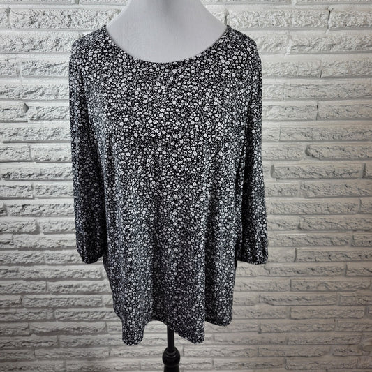 Adrianna Papell Womens Top 1X Long Sleeve Back Keyhole Black Floral Poly Blend