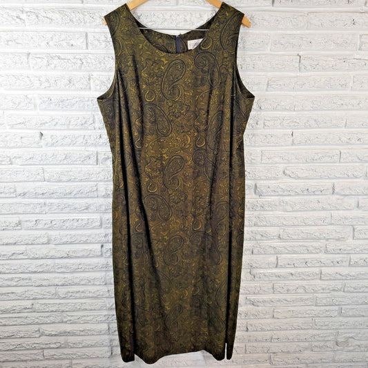 Studio I Womens Dress 22W Plus Shift Midi Sleeveless Green Paisley Zip Office