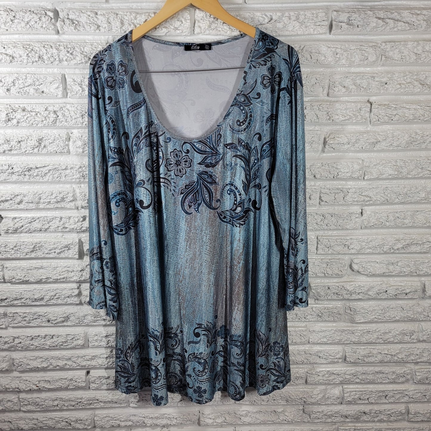 Lily Firmiana Womens Dress 3XL Plus Long Sleeve Mini Poly Blend Blue Paisley