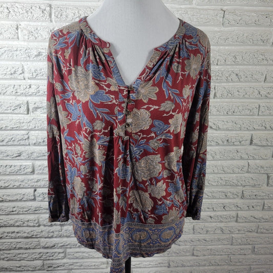 Lucky Brand Women Top Extra Large Burgundy Blue Floral Button Viscose Asymmetric