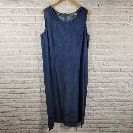 Erika Women's 1X Blue Denim Midi Dress Embroidered Eyelet Sleeveless BLU191E