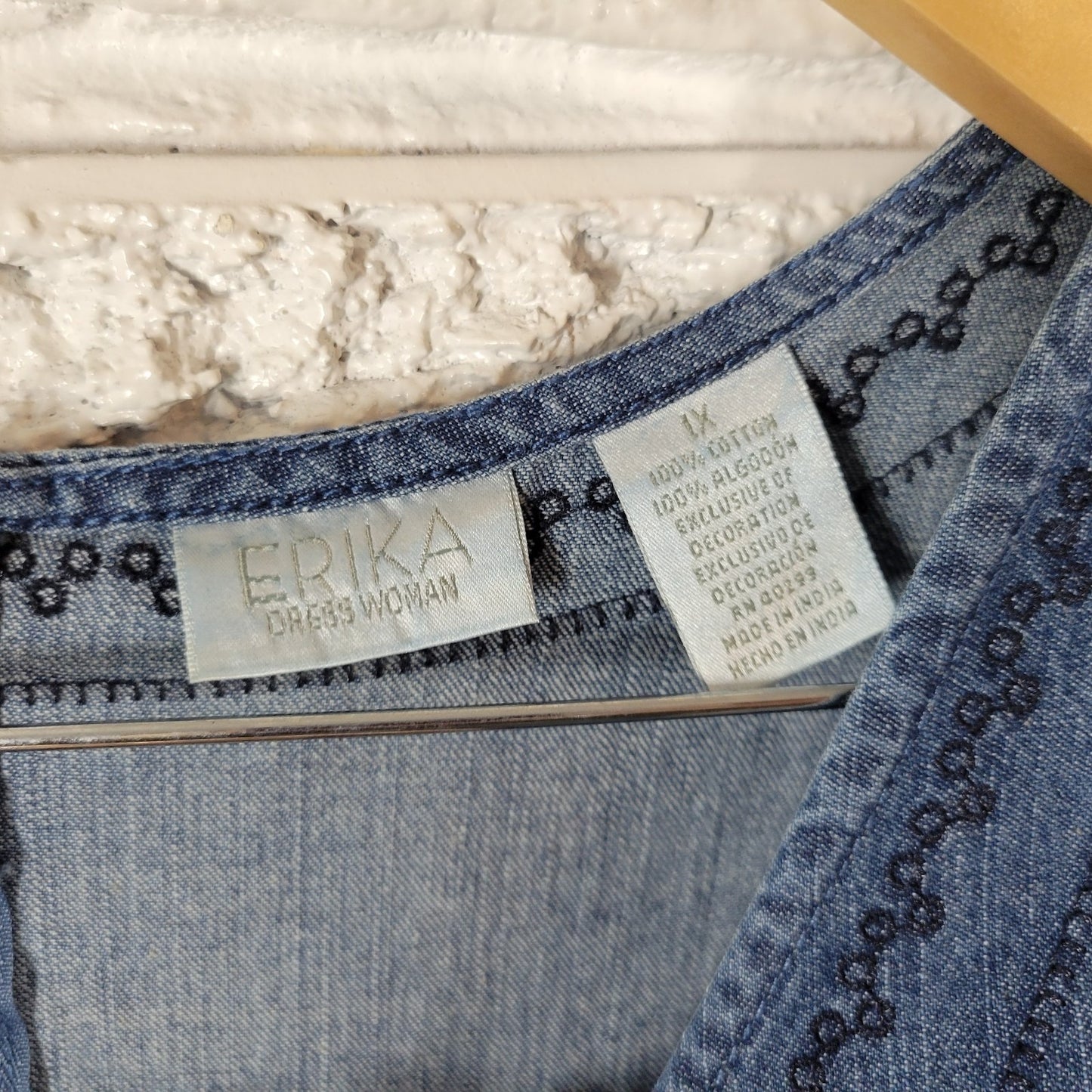 Erika Women's 1X Blue Denim Midi Dress Embroidered Eyelet Sleeveless BLU191E