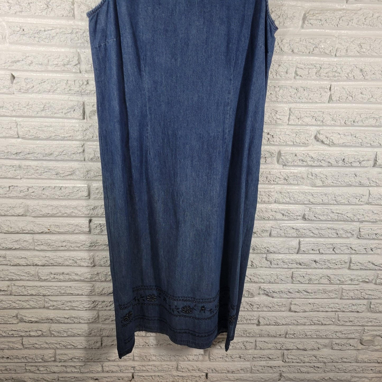 Erika Women's 1X Blue Denim Midi Dress Embroidered Eyelet Sleeveless BLU191E