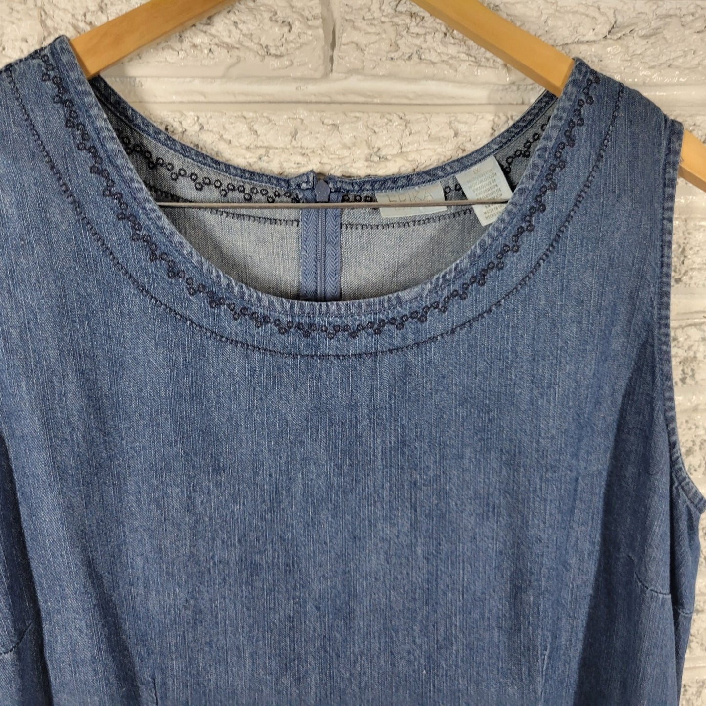 Erika Women's 1X Blue Denim Midi Dress Embroidered Eyelet Sleeveless BLU191E