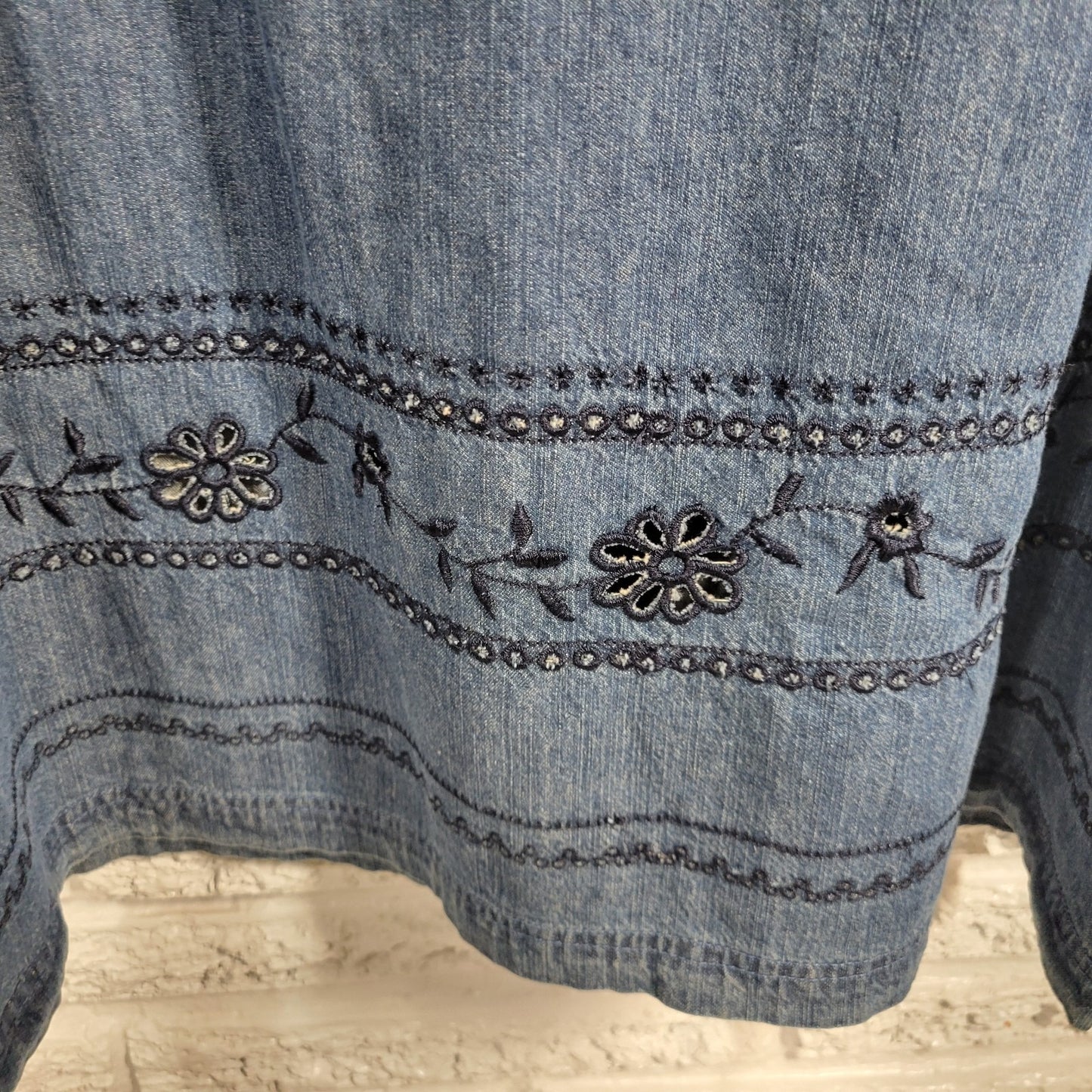 Erika Women's 1X Blue Denim Midi Dress Embroidered Eyelet Sleeveless BLU191E