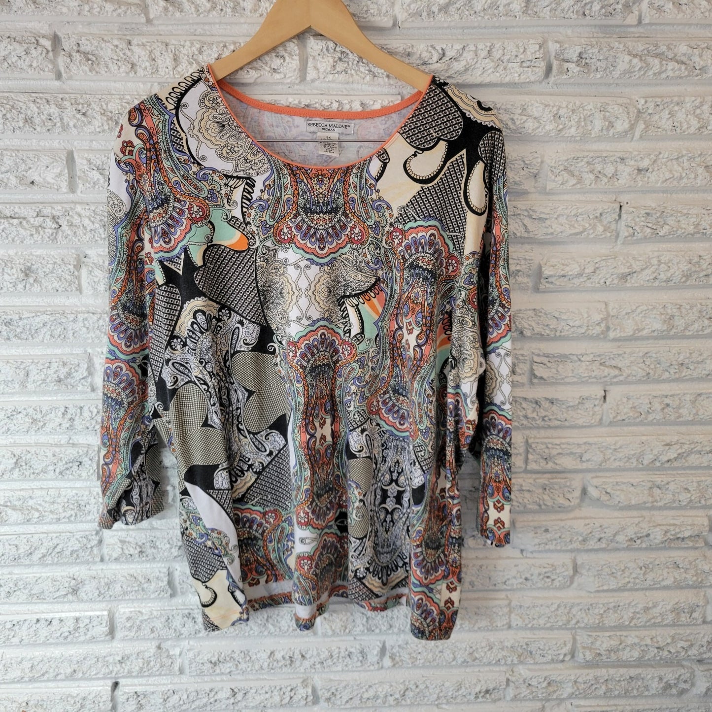 Rebecca Malone Women's 3X Plus Top Blouse Blue Orange Geometric 3/4 Sleeve