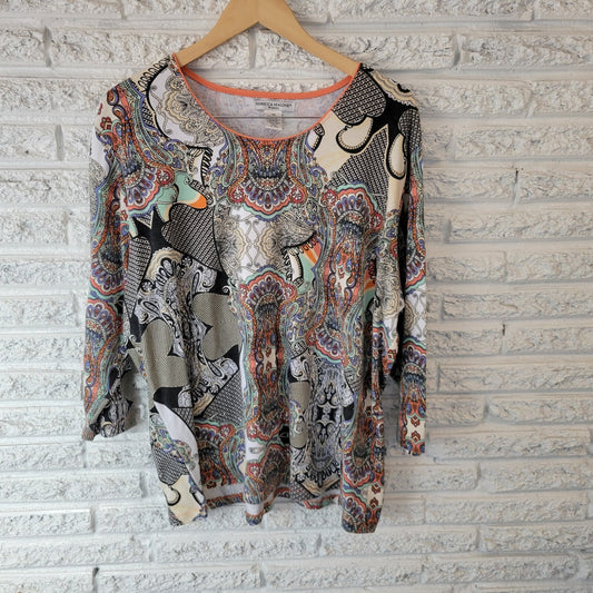 Rebecca Malone Women's 3X Plus Top Blouse Blue Orange Geometric 3/4 Sleeve
