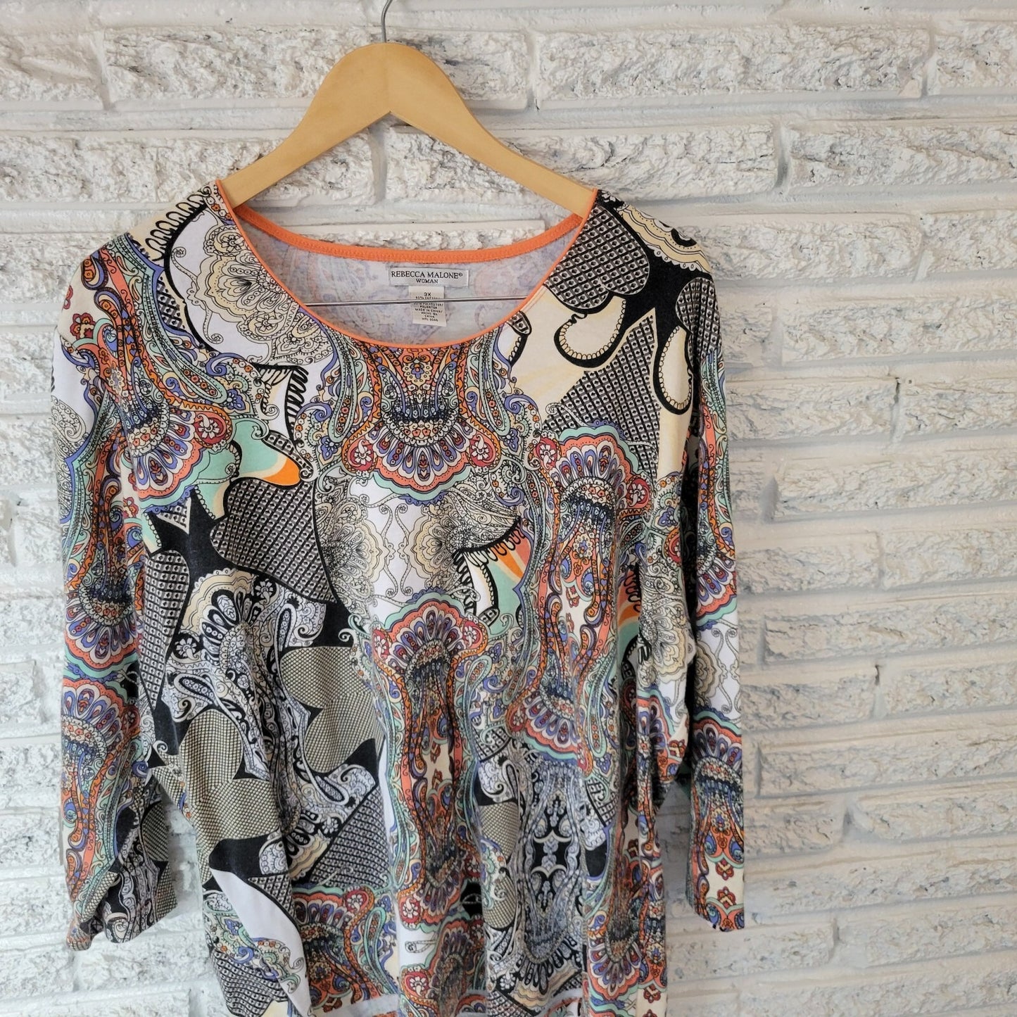Rebecca Malone Women's 3X Plus Top Blouse Blue Orange Geometric 3/4 Sleeve