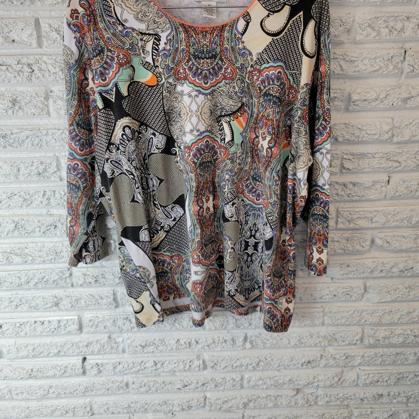 Rebecca Malone Women's 3X Plus Top Blouse Blue Orange Geometric 3/4 Sleeve