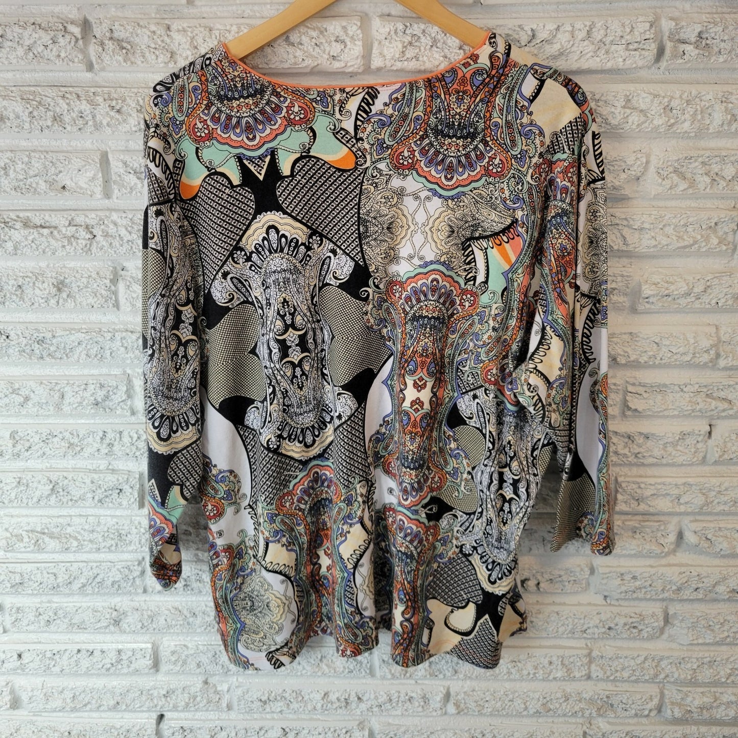 Rebecca Malone Women's 3X Plus Top Blouse Blue Orange Geometric 3/4 Sleeve