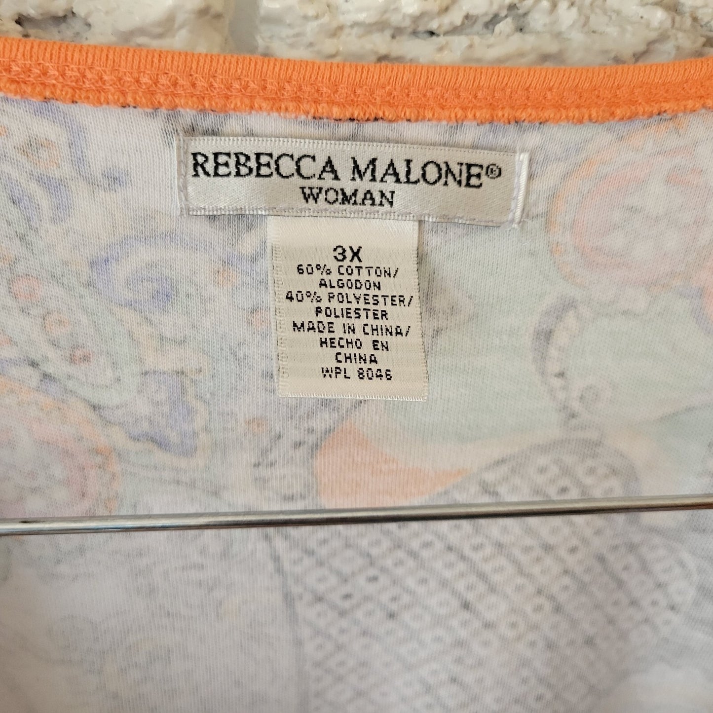 Rebecca Malone Women's 3X Plus Top Blouse Blue Orange Geometric 3/4 Sleeve