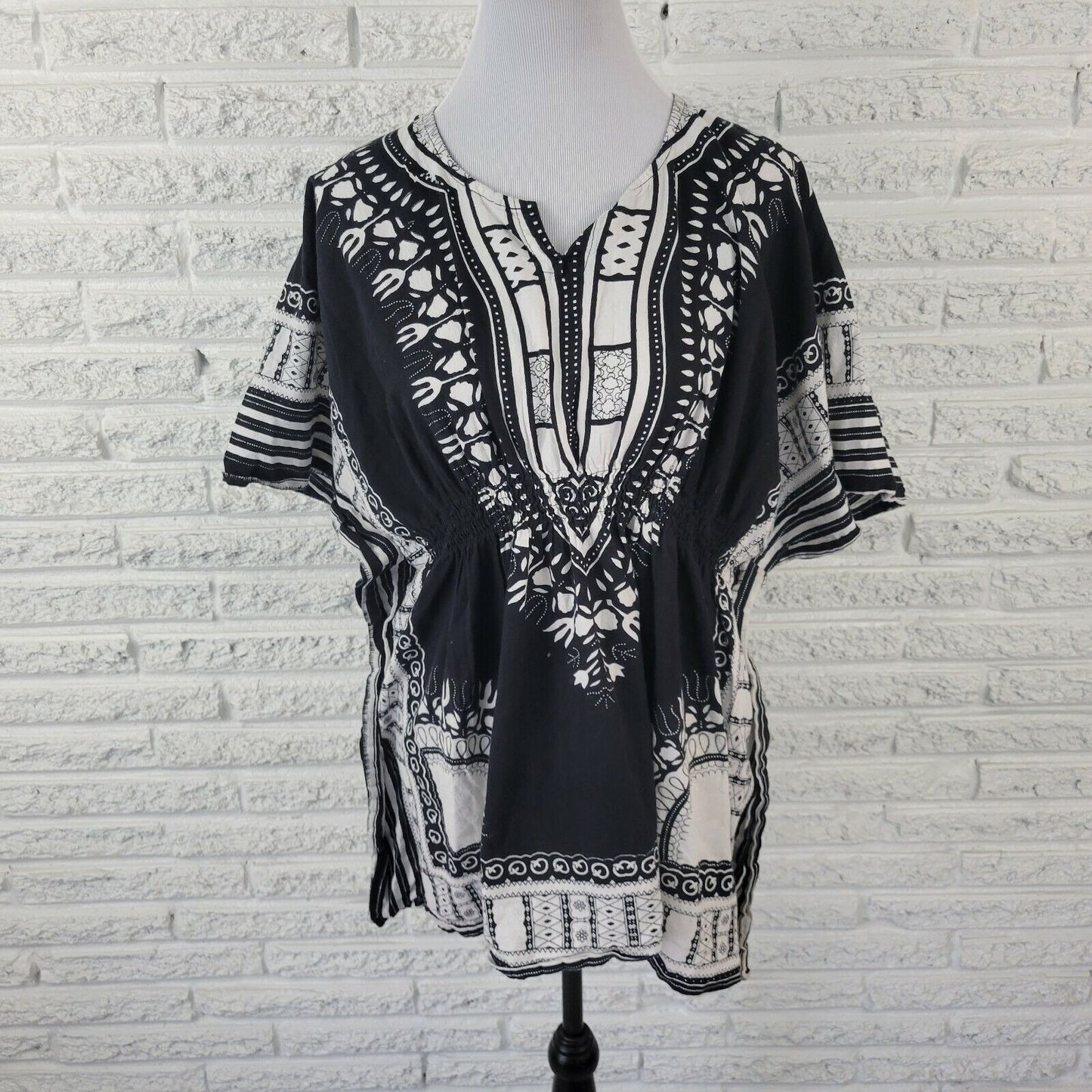 Jessica Taylor Women Top 2X Plus Batwing Sleeves Black Geometric Comfort Waist