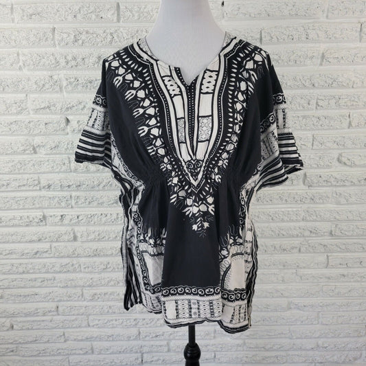 Jessica Taylor Women Top 2X Plus Batwing Sleeves Black Geometric Comfort Waist