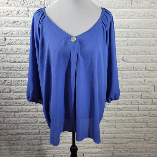 Adrienne Vittadini Womens Top 2X Puff Sleeve Blue Sheer Lightweight Poly Blend