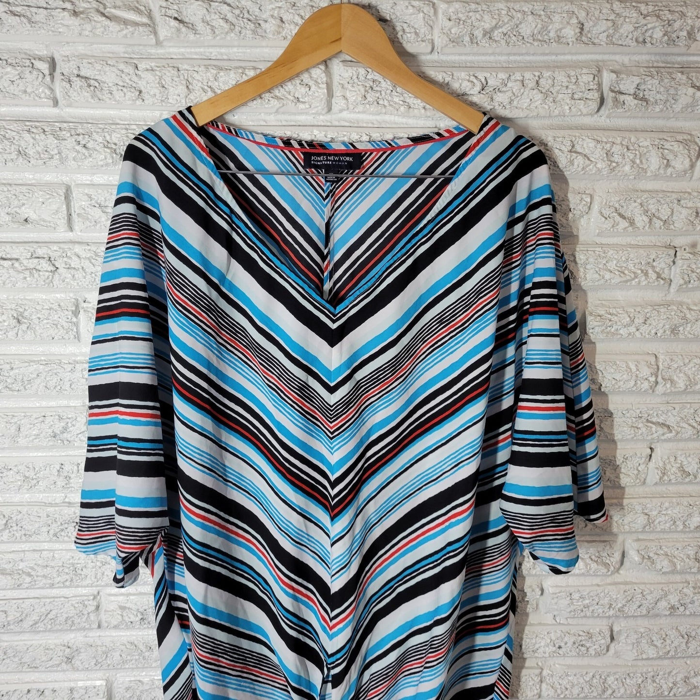 Jones New York Signature Women Top 3X Plus Dolman Sleeve Blue Stripe Lightweight