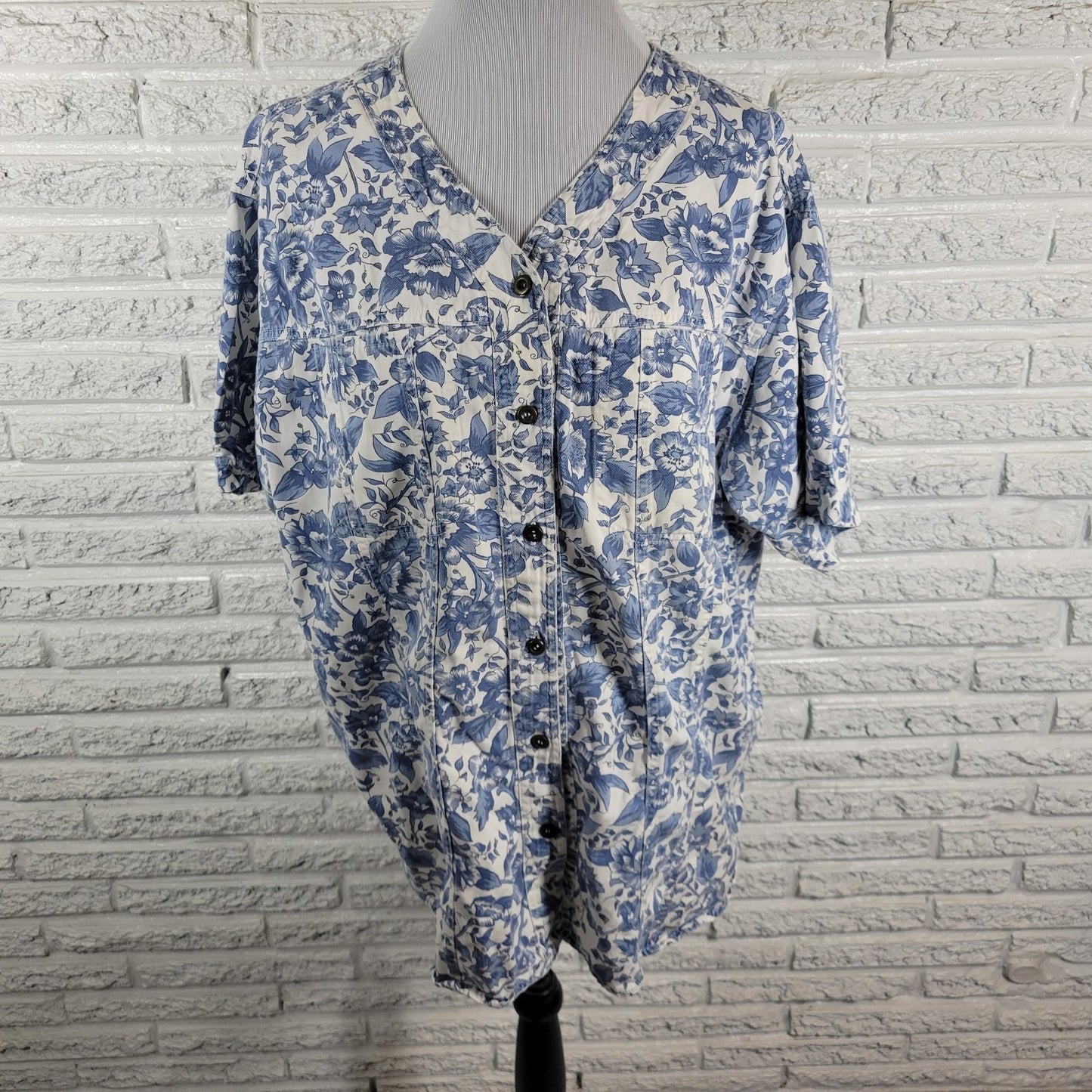 Honors Womens 20W Plus Size Blue Floral Shacket 100% Cotton Short Sleeve Pockets
