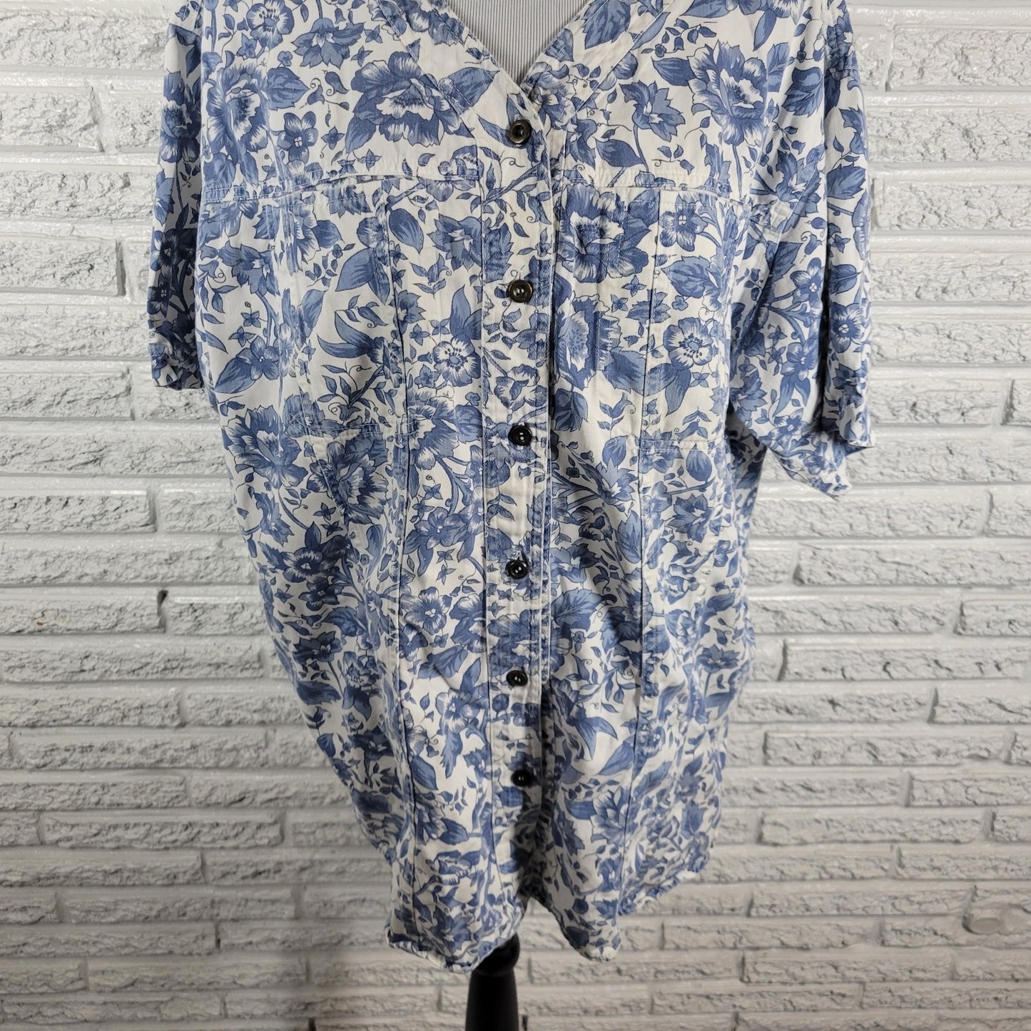 Honors Womens 20W Plus Size Blue Floral Shacket 100% Cotton Short Sleeve Pockets