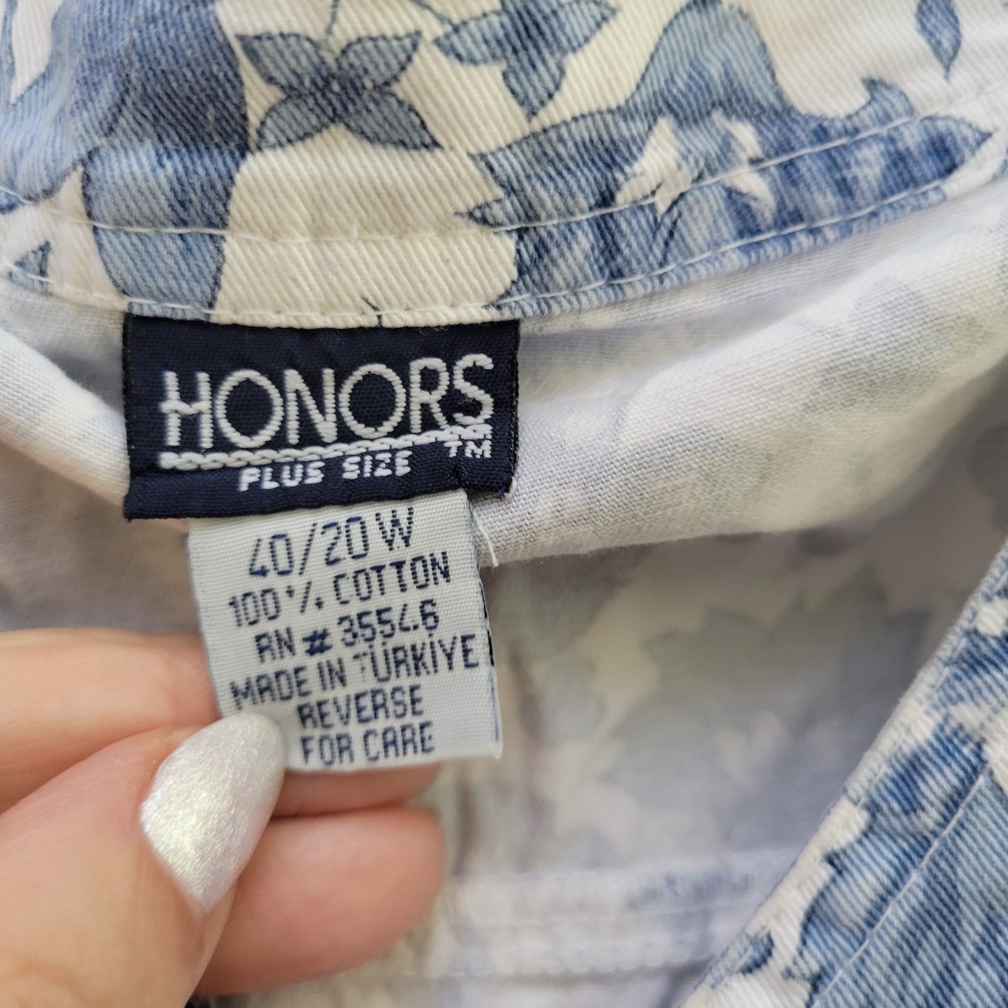 Honors Womens 20W Plus Size Blue Floral Shacket 100% Cotton Short Sleeve Pockets