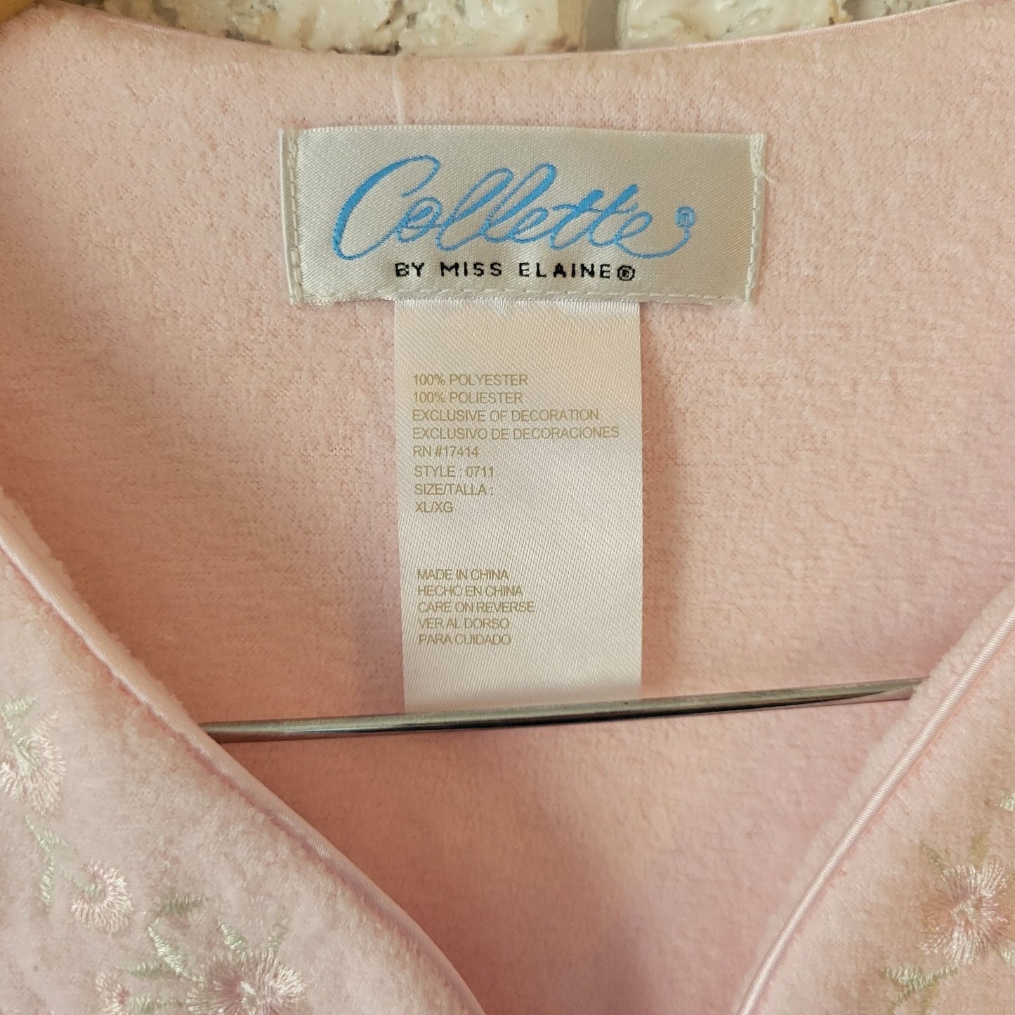 Collette Miss Elaine Womens Robe XL Full Zip Pink Fleece Embroidered Cinched