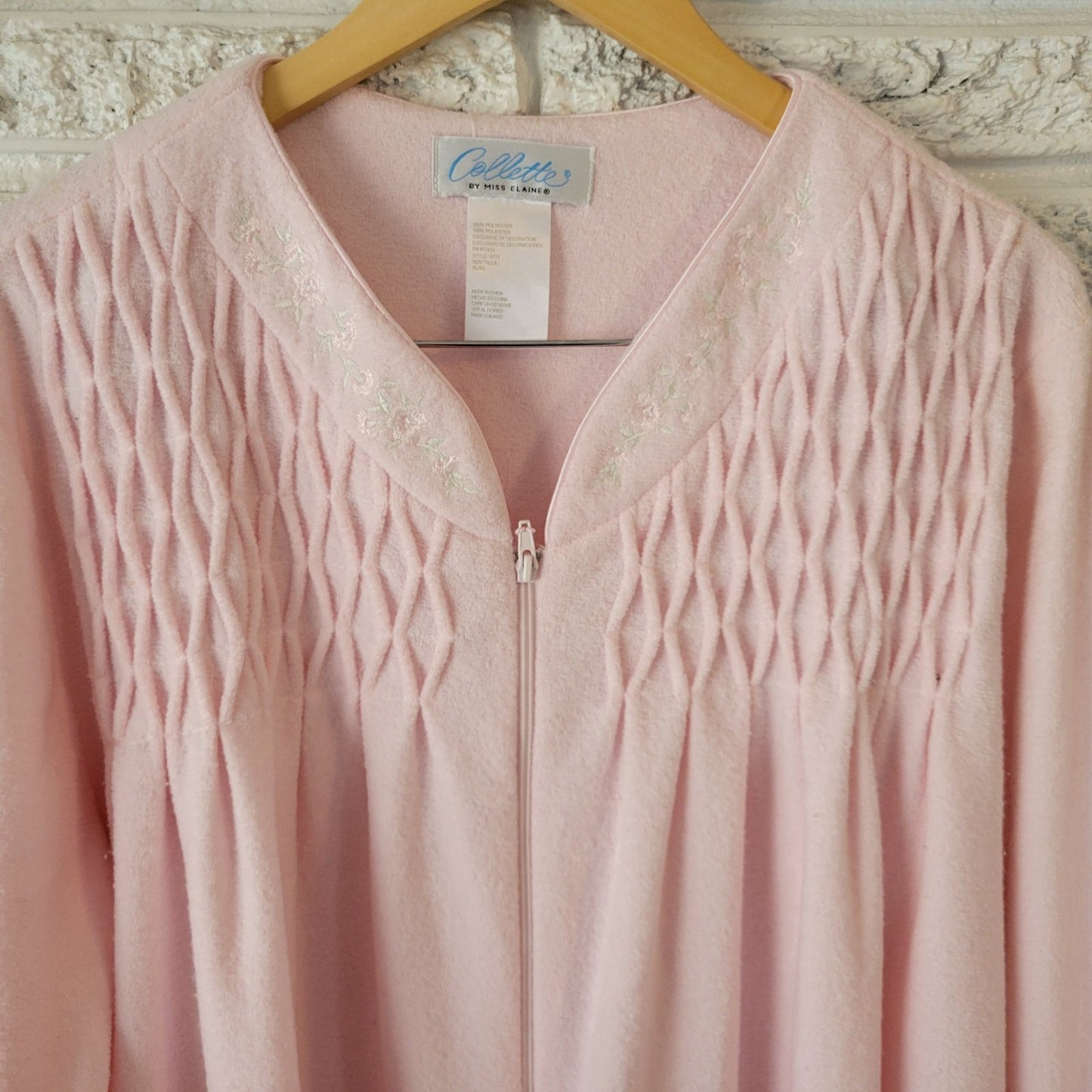 Collette Miss Elaine Womens Robe XL Full Zip Pink Fleece Embroidered Cinched