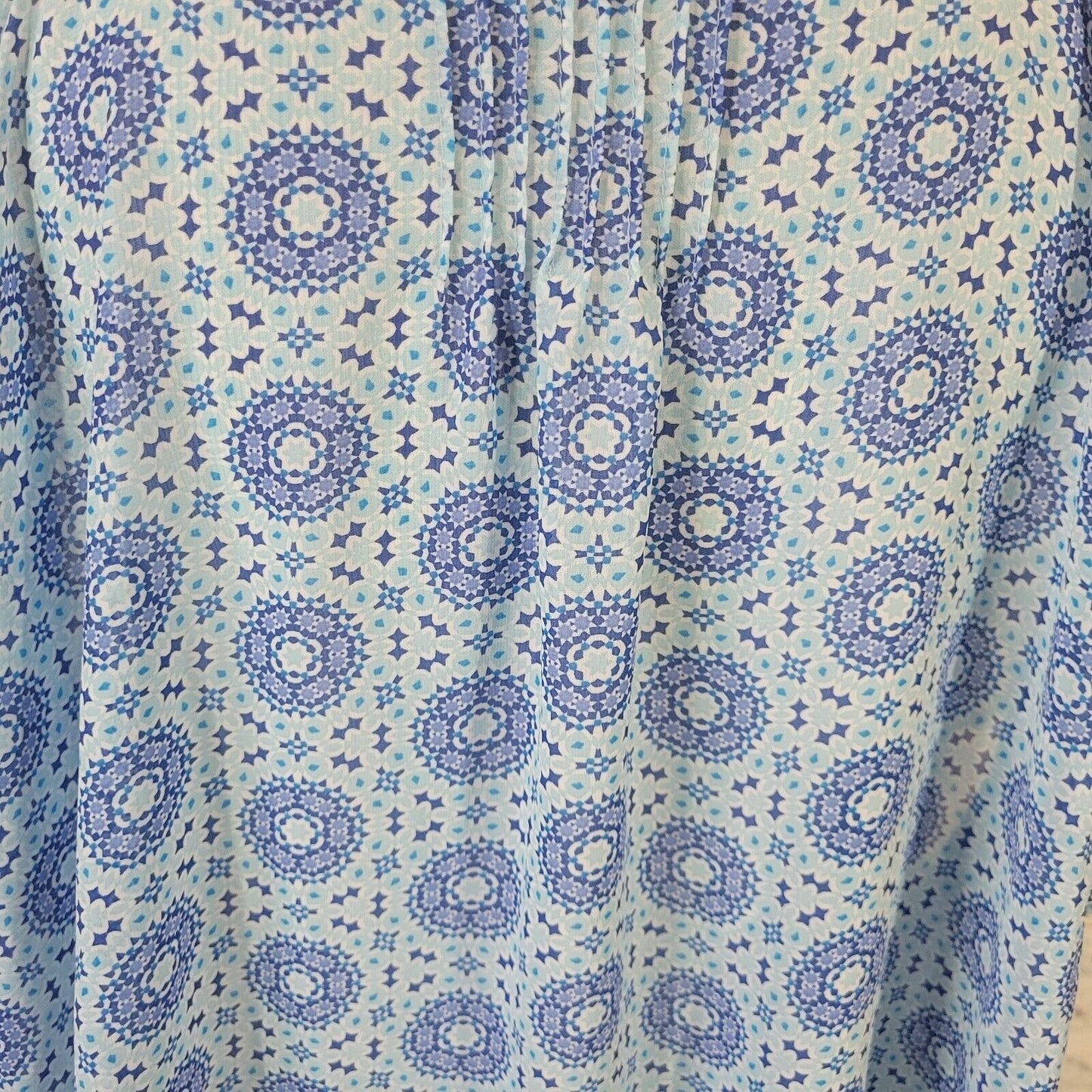 Woman Within Womens Top 2X Tunic Cap Sleeve Blue Geometric Crochet Sheer Keyhole