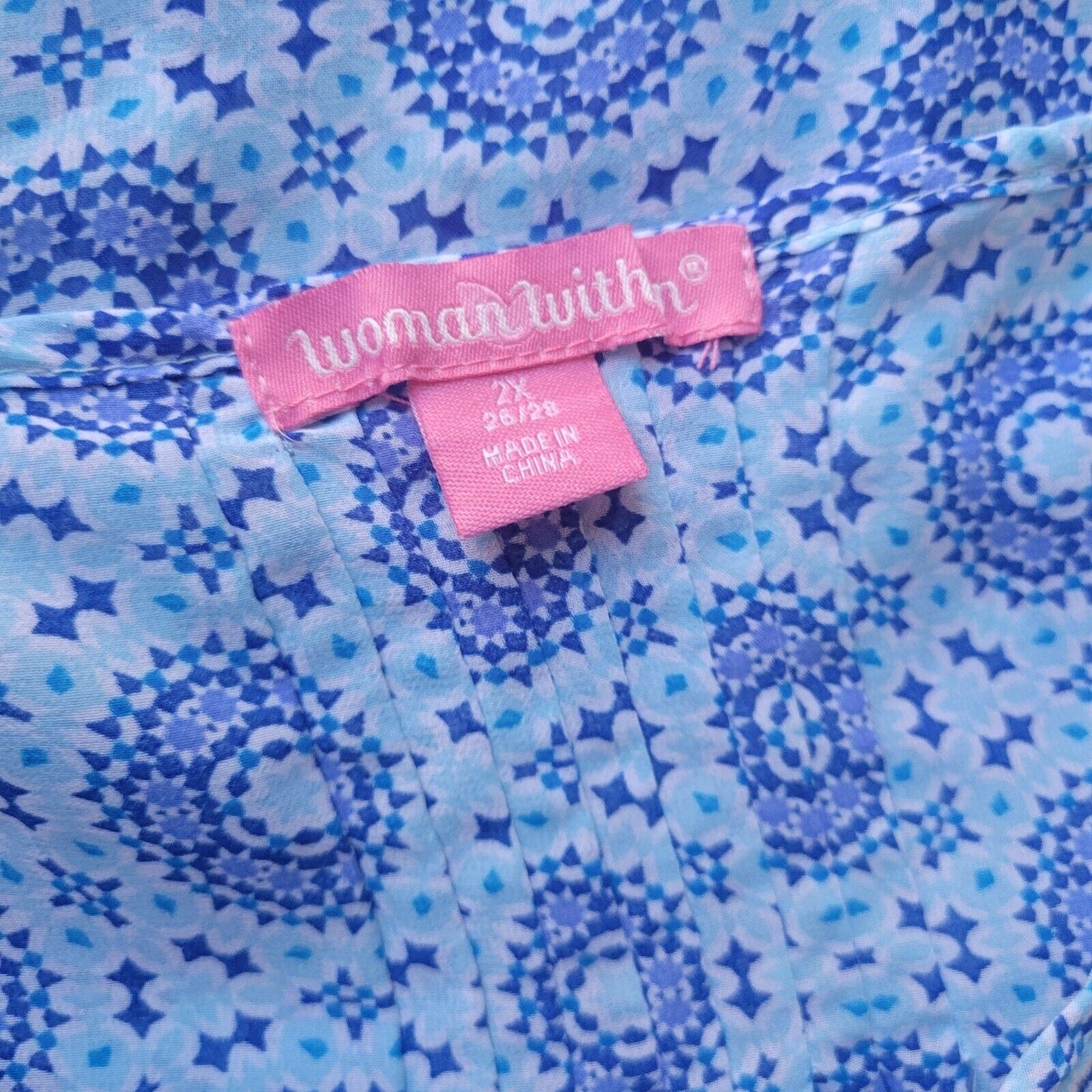 Woman Within Womens Top 2X Tunic Cap Sleeve Blue Geometric Crochet Sheer Keyhole