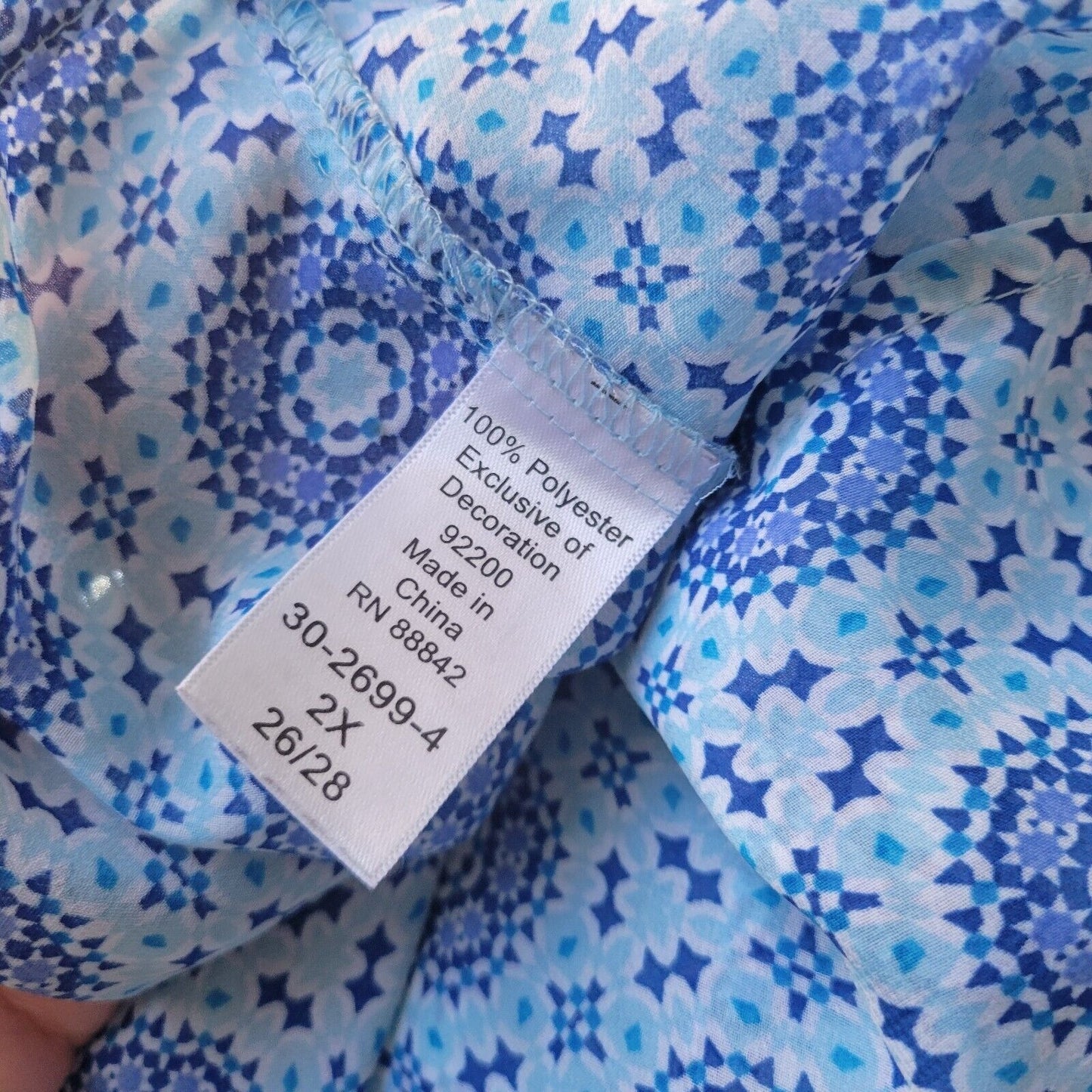 Woman Within Womens Top 2X Tunic Cap Sleeve Blue Geometric Crochet Sheer Keyhole