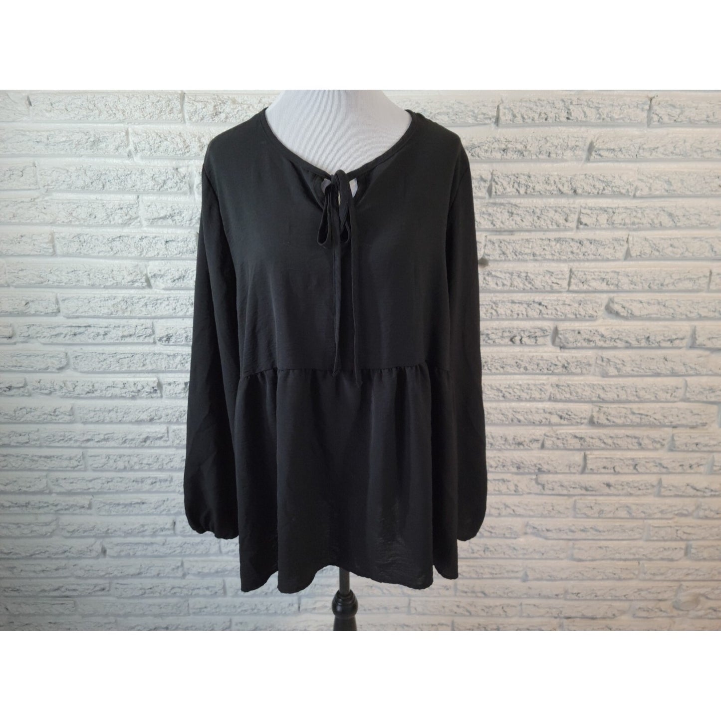 Cotton Bleu Womens Top 2X Plus Long Sleeve Black Keyhole Neck Sheer Basic