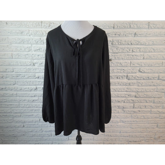 Cotton Bleu Womens Top 2X Plus Long Sleeve Black Keyhole Neck Sheer Basic