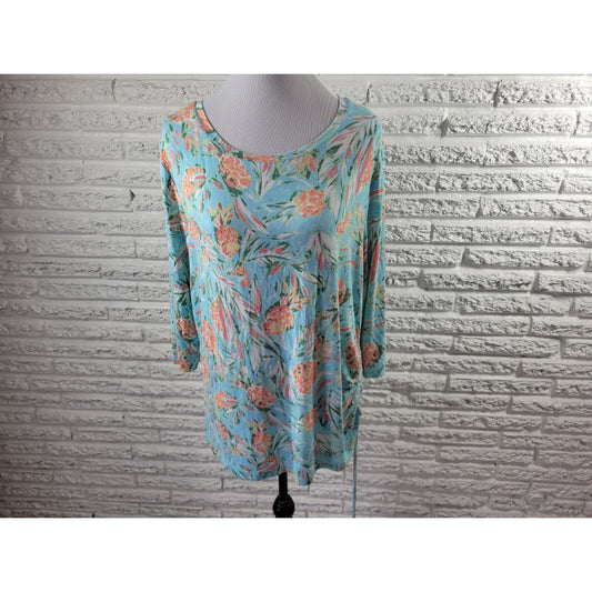 Palm Grove Womens Top 1X Plus 3/4 Sleeve Pullover Tied Hem Blue Floral Rayon