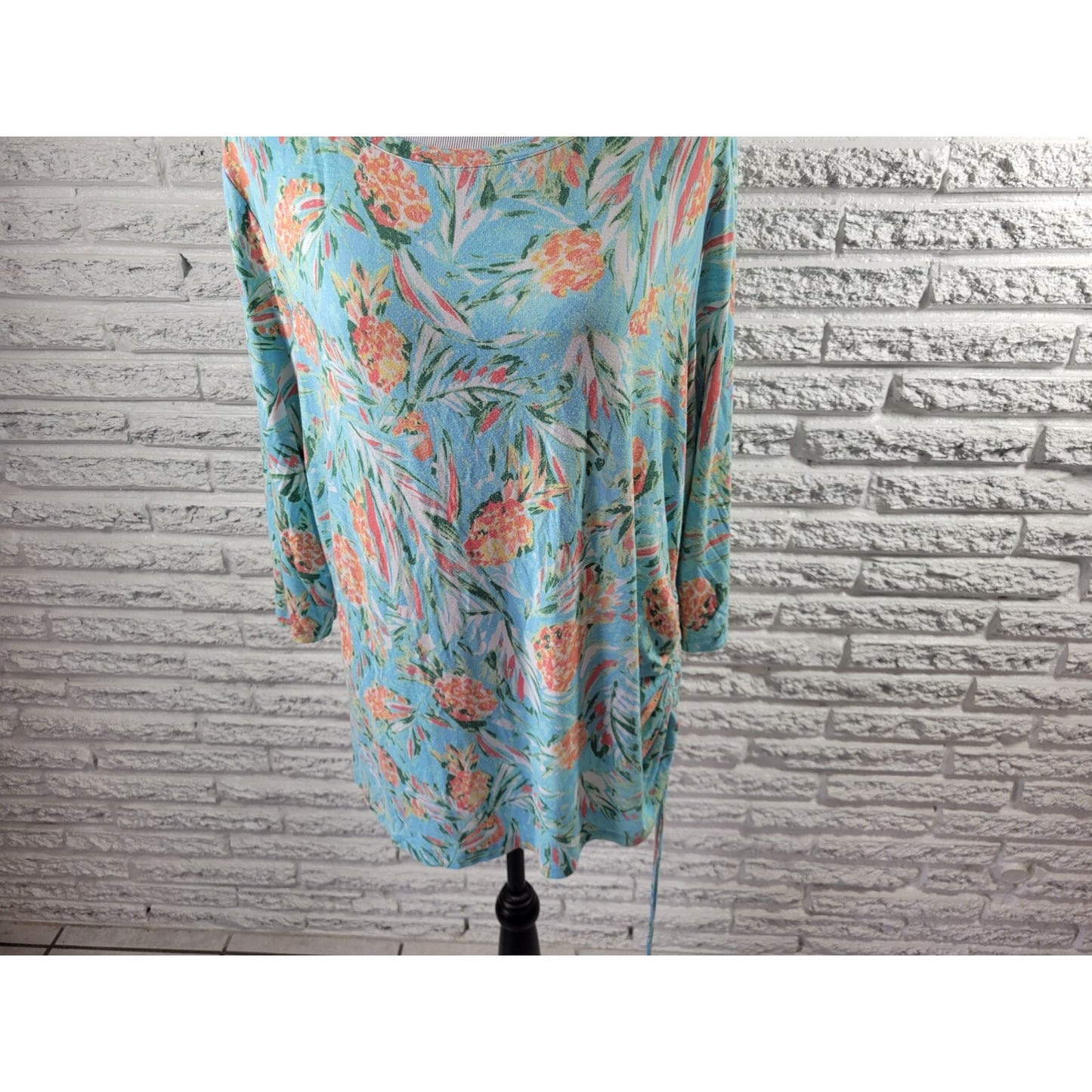 Palm Grove Womens Top 1X Plus 3/4 Sleeve Pullover Tied Hem Blue Floral Rayon