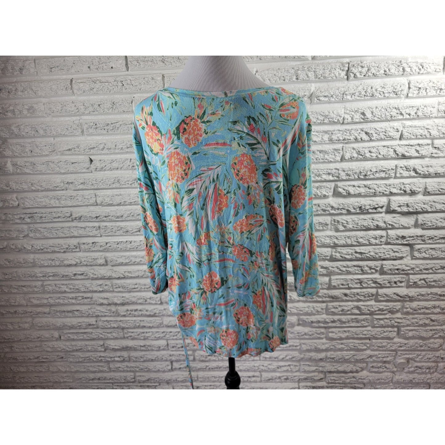 Palm Grove Womens Top 1X Plus 3/4 Sleeve Pullover Tied Hem Blue Floral Rayon
