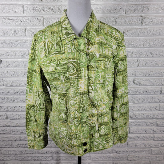 Chicos Womens Top 3 Standard XL Shacket Green Geometric Cotton Blend Casual