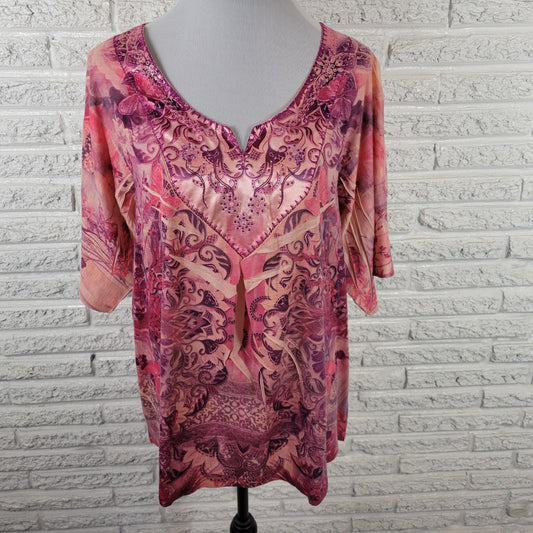 Live Let Live Womens Top 1X Plus Pink Laser Cut Butterflies Embroidered Studded