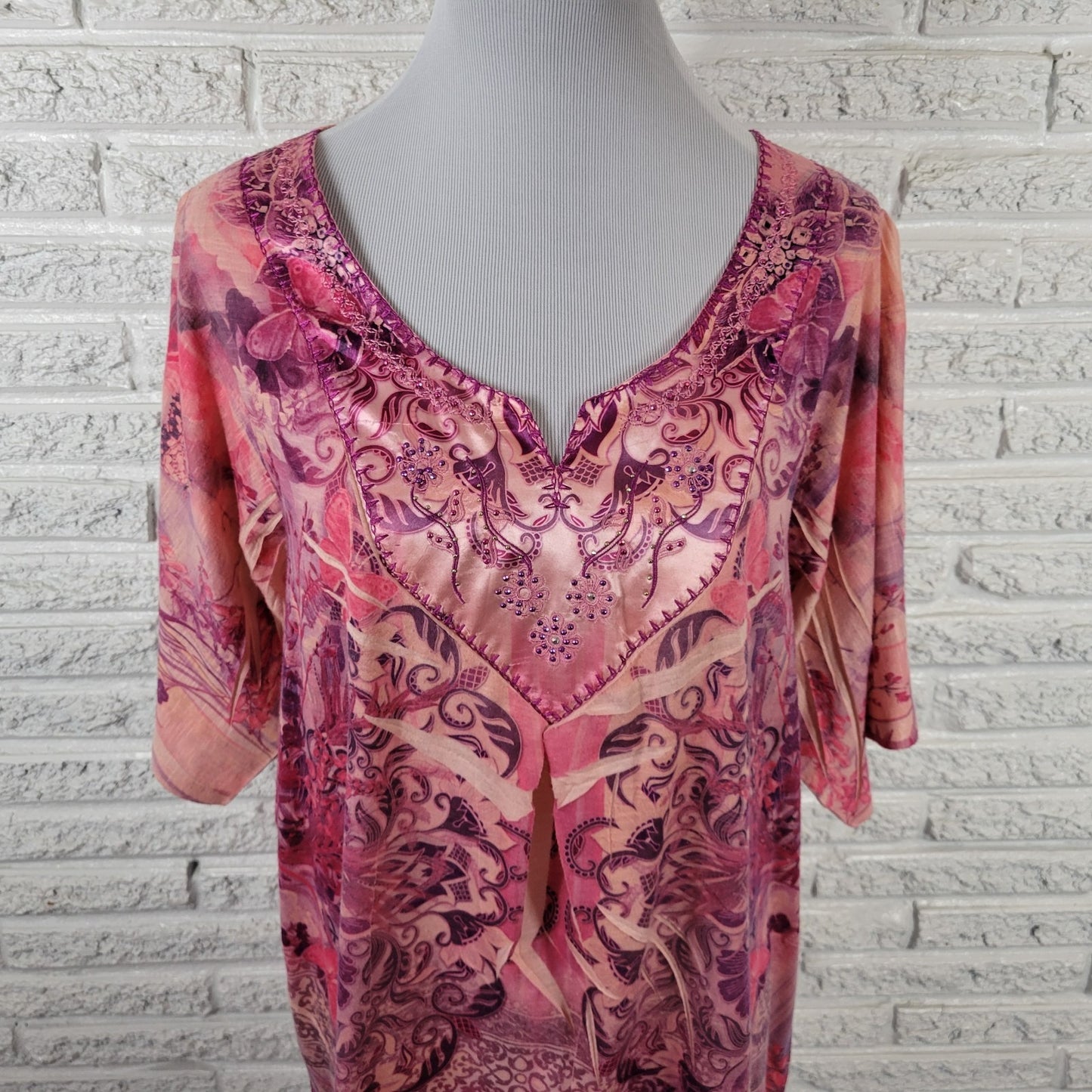 Live Let Live Womens Top 1X Plus Pink Laser Cut Butterflies Embroidered Studded