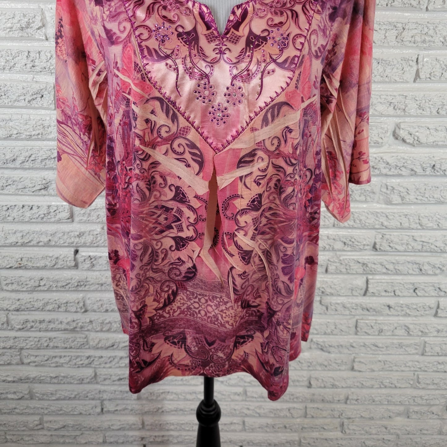 Live Let Live Womens Top 1X Plus Pink Laser Cut Butterflies Embroidered Studded