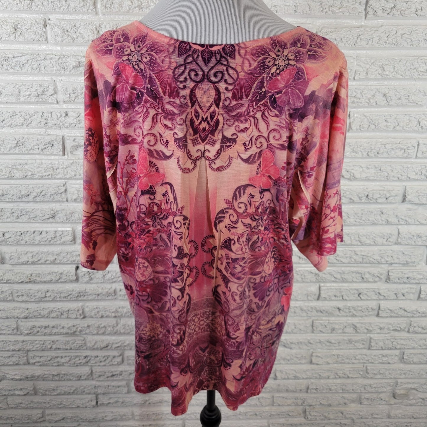 Live Let Live Womens Top 1X Plus Pink Laser Cut Butterflies Embroidered Studded