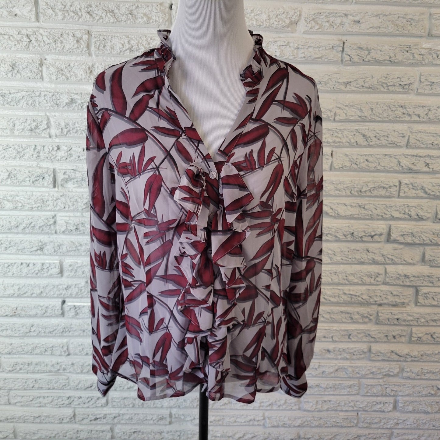 Worthington Womens Top Extra Large Burgundy Gray Floral Button Ruffle Sheer