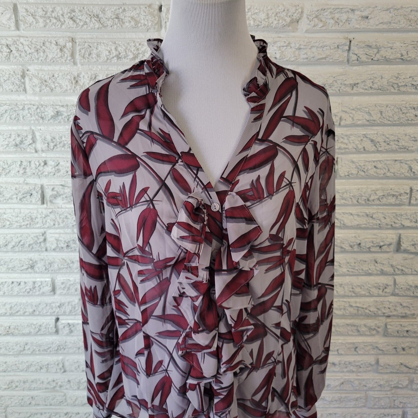 Worthington Womens Top Extra Large Burgundy Gray Floral Button Ruffle Sheer