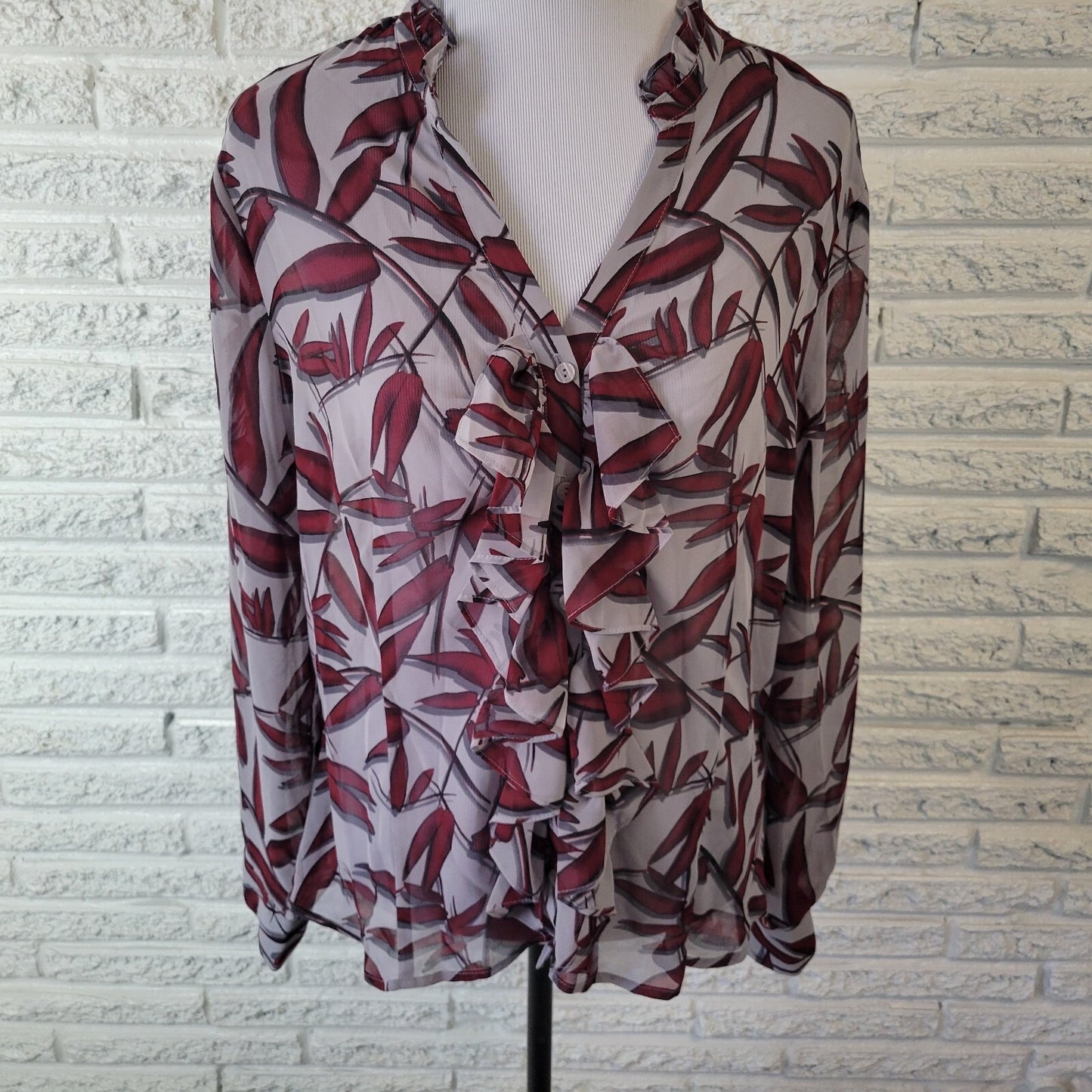 Worthington Womens Top Extra Large Burgundy Gray Floral Button Ruffle Sheer
