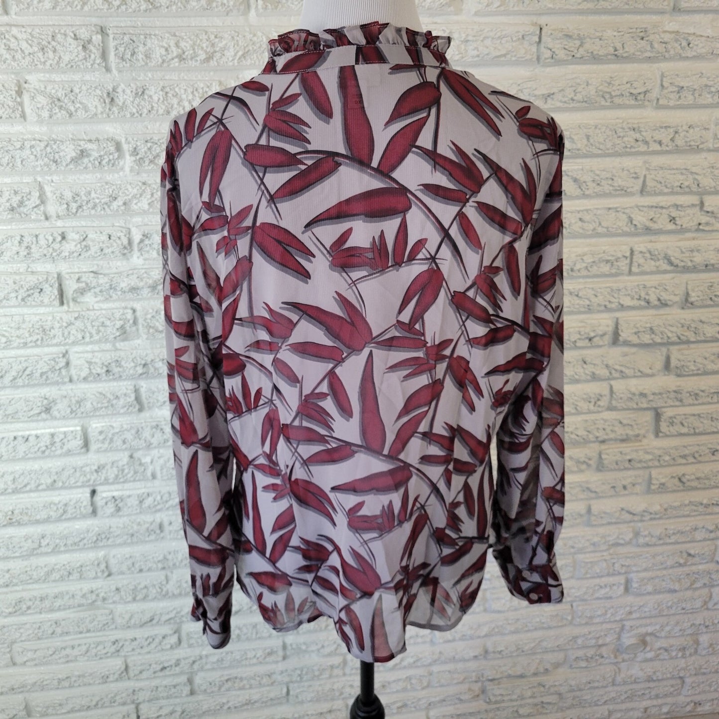 Worthington Womens Top Extra Large Burgundy Gray Floral Button Ruffle Sheer