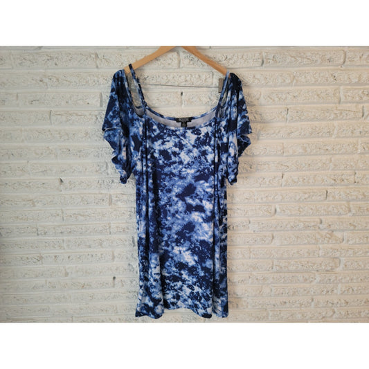 Rouge Collection Women Dress 2X Plus Mini Blue Tie Dye Cold Shoulder Spaghetti