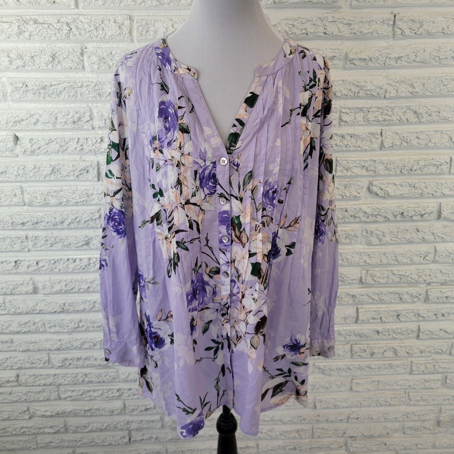 Roamans Womens Top 16W Plus Long Sleeve Lavender Blue Floral Cotton Pintucked