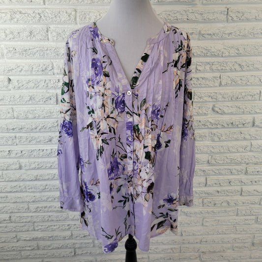 Roamans Womens Top 16W Plus Long Sleeve Lavender Blue Floral Cotton Pintucked