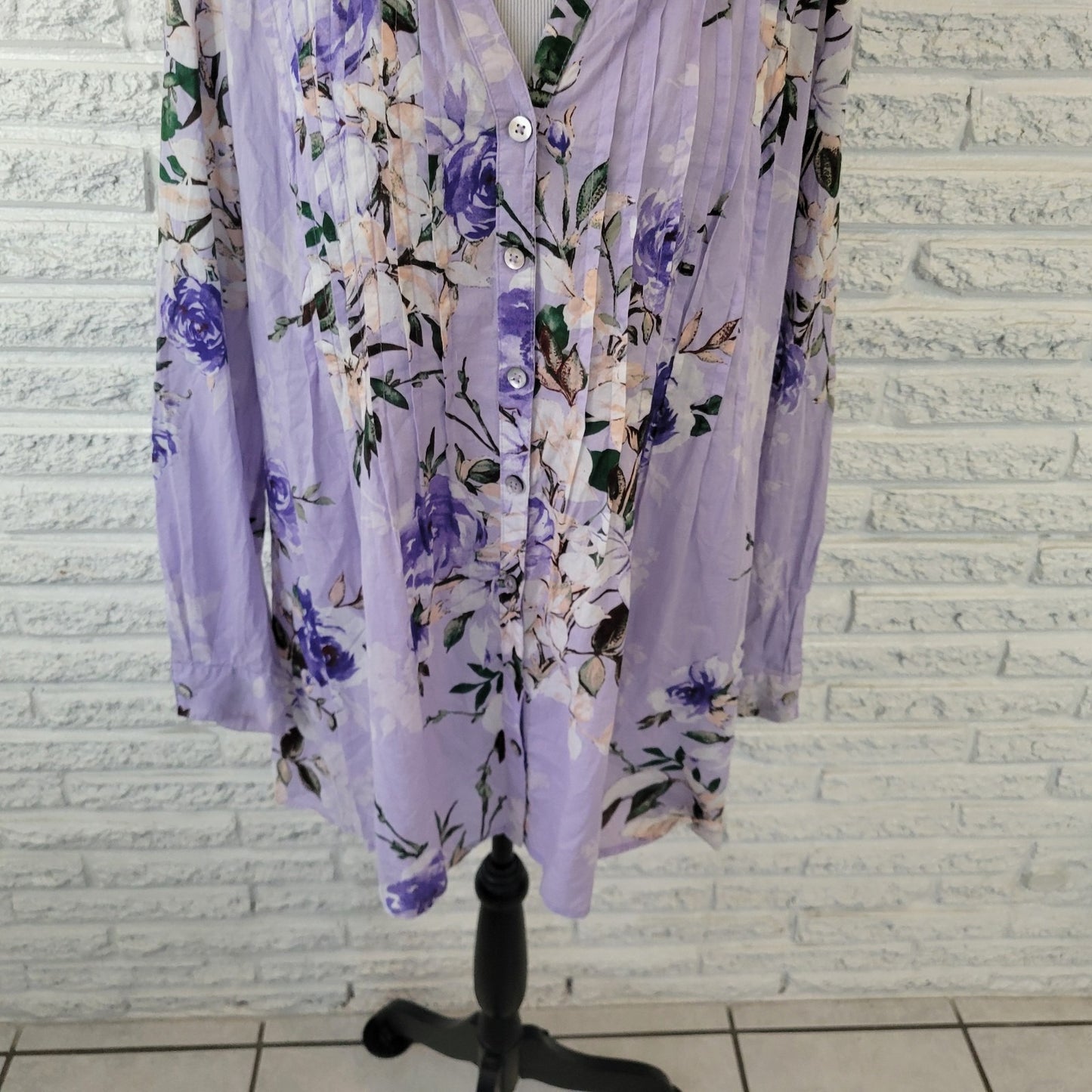 Roamans Womens Top 16W Plus Long Sleeve Lavender Blue Floral Cotton Pintucked