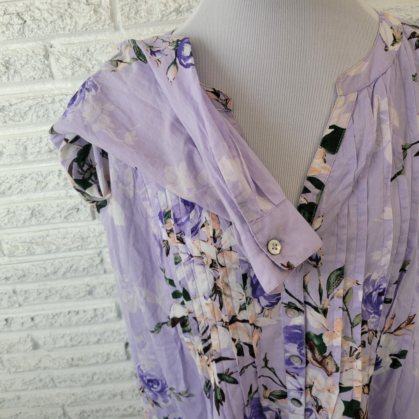 Roamans Womens Top 16W Plus Long Sleeve Lavender Blue Floral Cotton Pintucked