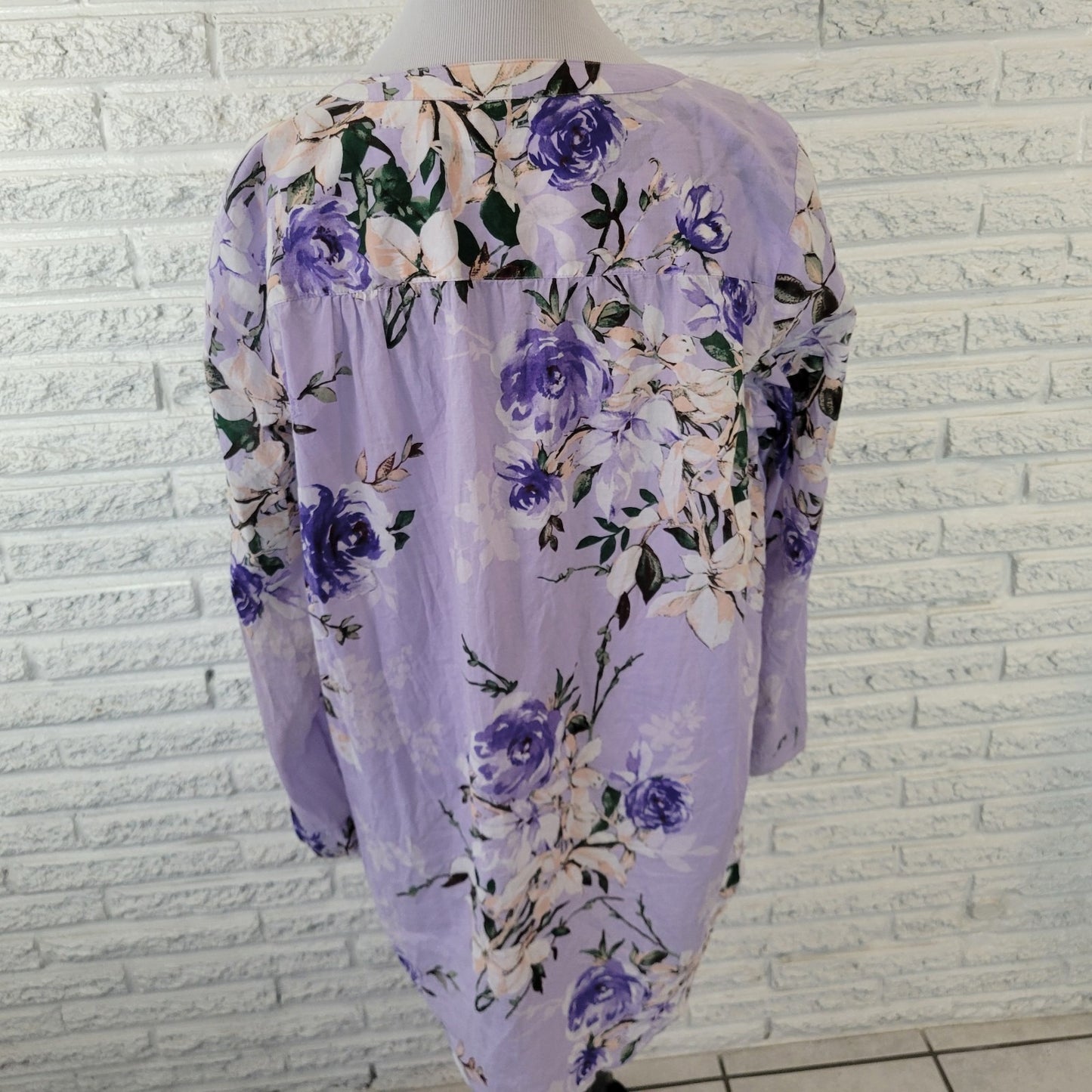 Roamans Womens Top 16W Plus Long Sleeve Lavender Blue Floral Cotton Pintucked